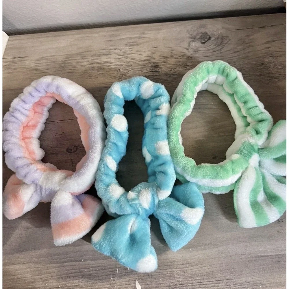 3 Fuzzy Spa Makeup Headbands Bow Face Washing Skincare Head Wrap Set NWOT